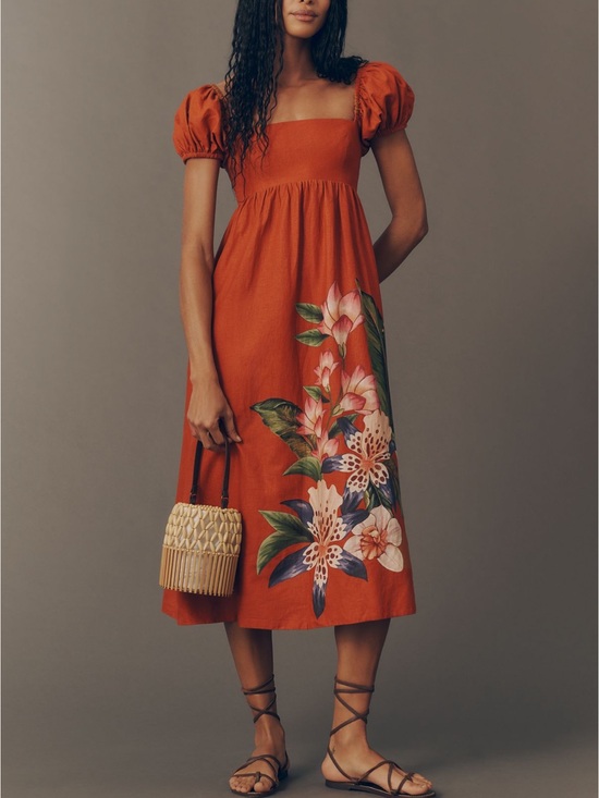 FARM Rio Dresses & Skirts - FARM Rio Rust Floral Puff-Sleeve Midi Dress